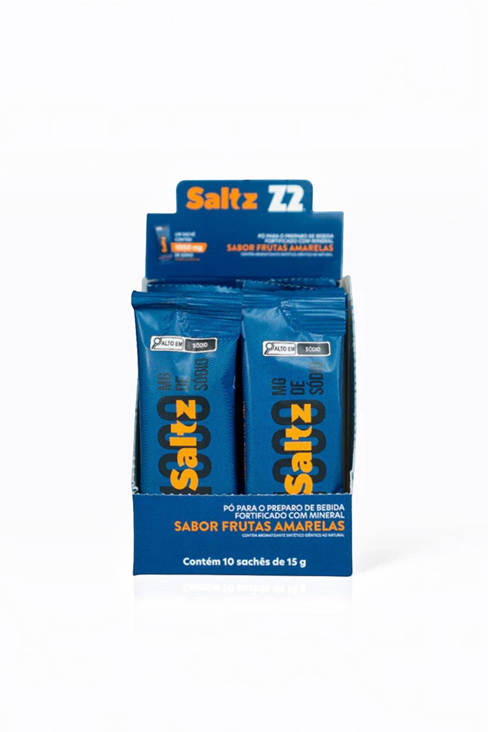 Caixa com 10 sachês de repositor hidroeletrolítico SPORTBR Saltz 1000 Z2 sabor frutas amarelas para atletas