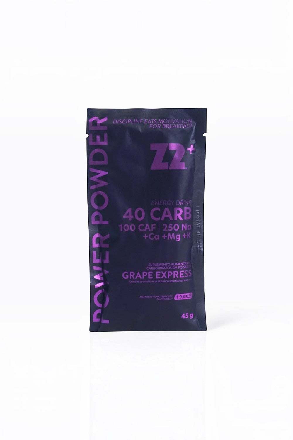 Sachê de suplemento energético SPORTBR Z2+ Power Powder sabor Grape Express de 45g com cafeína e eletrólitos