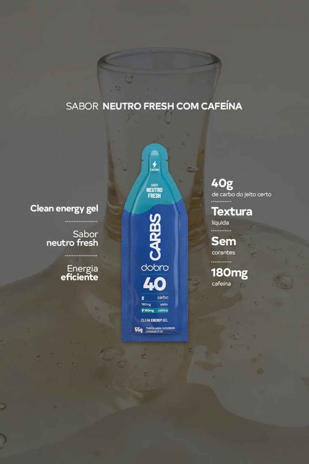 Sachê de gel de carboidrato SPORTBR Dobro Carbs 40 sabor Neutro Fresh com 180mg de cafeína para performance esportiva
