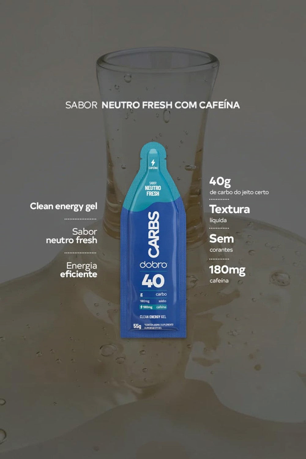 Sachê de gel de carboidrato Dobro Carbs 40 sabor neutro fresh com cafeína, 55g, ideal para energia em treinos.