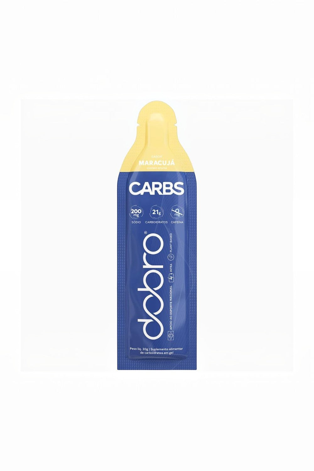 Sachê de gel de carboidrato SPORTBR Dobro sabor maracujá, 30g, ideal para energia rápida em treinos de endurance.
