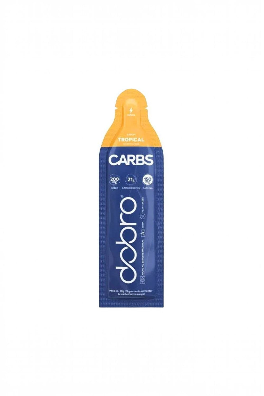 Sachê de gel de carboidrato SPORTBR Dobro sabor Tropical com cafeína, eletrólitos e 30g para performance esportiva.
