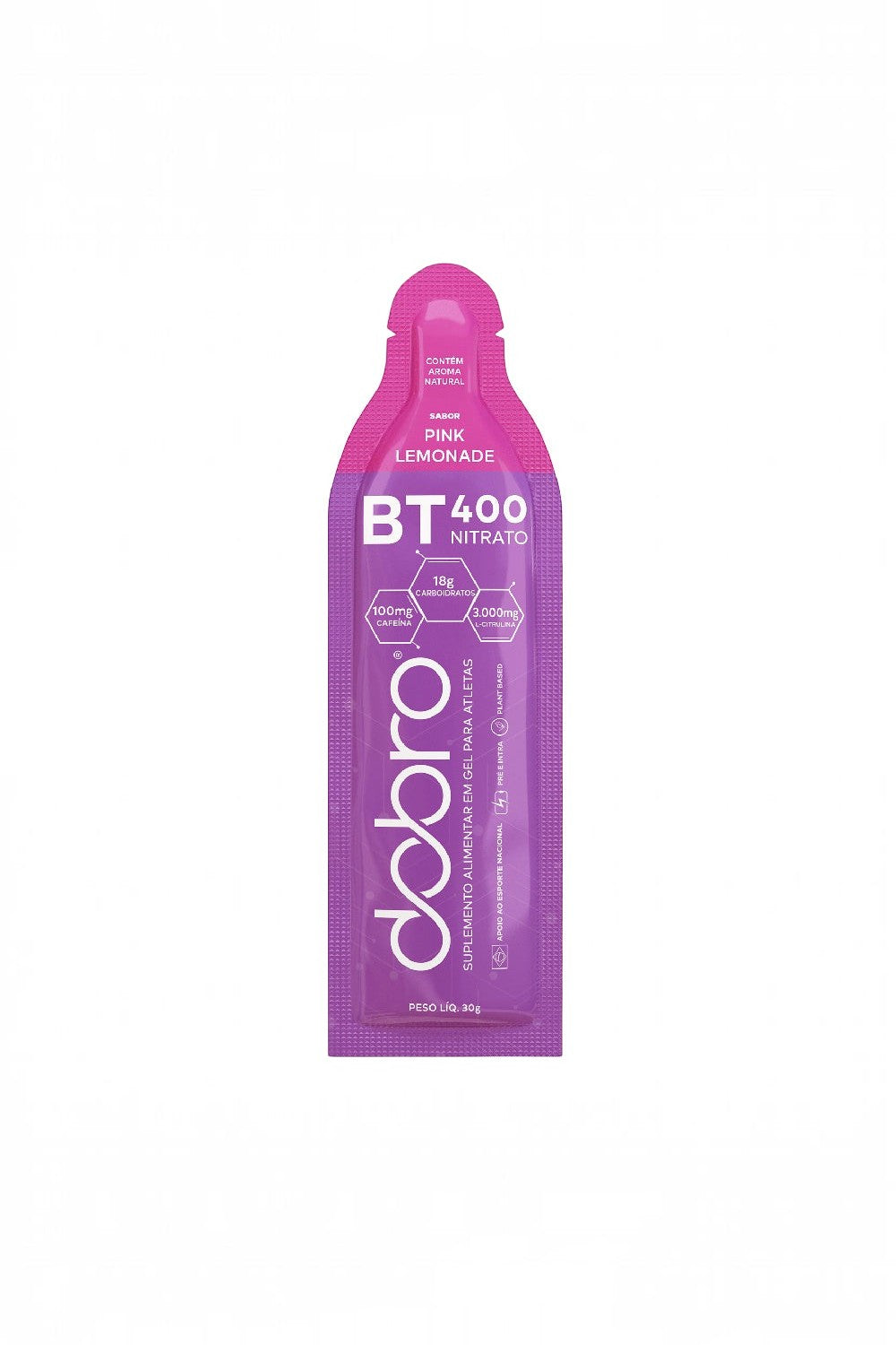 Sachê de gel de carboidrato DOBRO BT 400 Nitrato sabor Pink Lemonade, vendido pela SPORTBR, para performance esportiva.