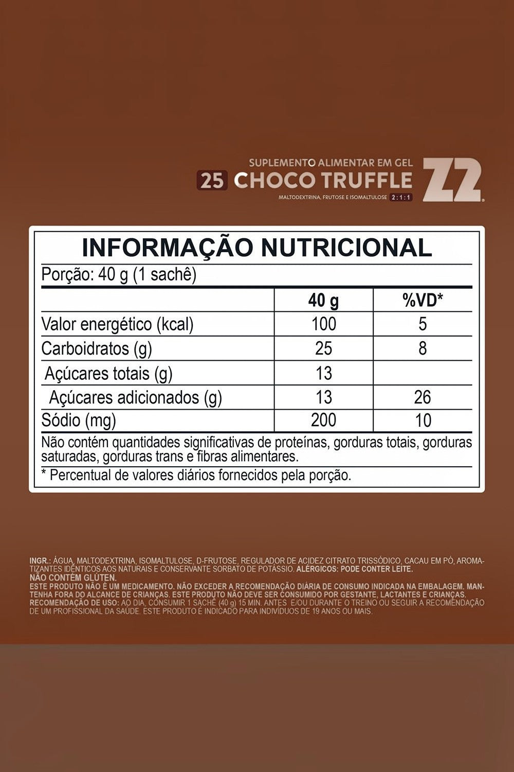 Verso do sachê de gel de carboidrato SPORTBR Z2 sabor Choco Truffle com tabela nutricional detalhada
