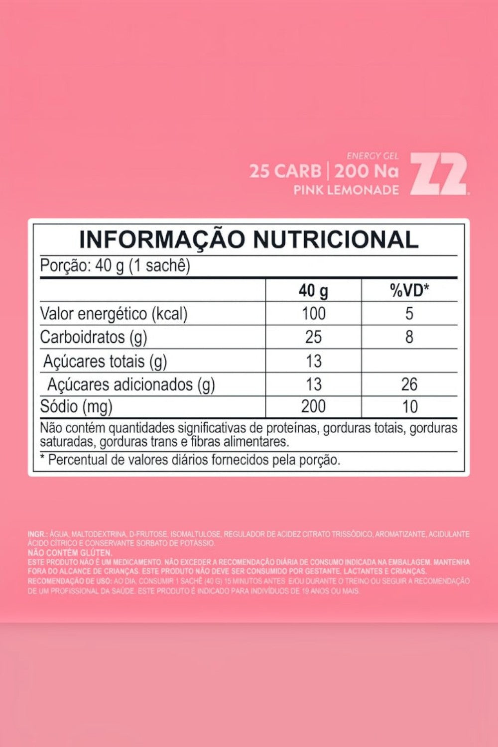 Tabela nutricional do sachê de gel de carboidrato SPORTBR Z2 sabor Pink Lemonade com 25g de carboidratos