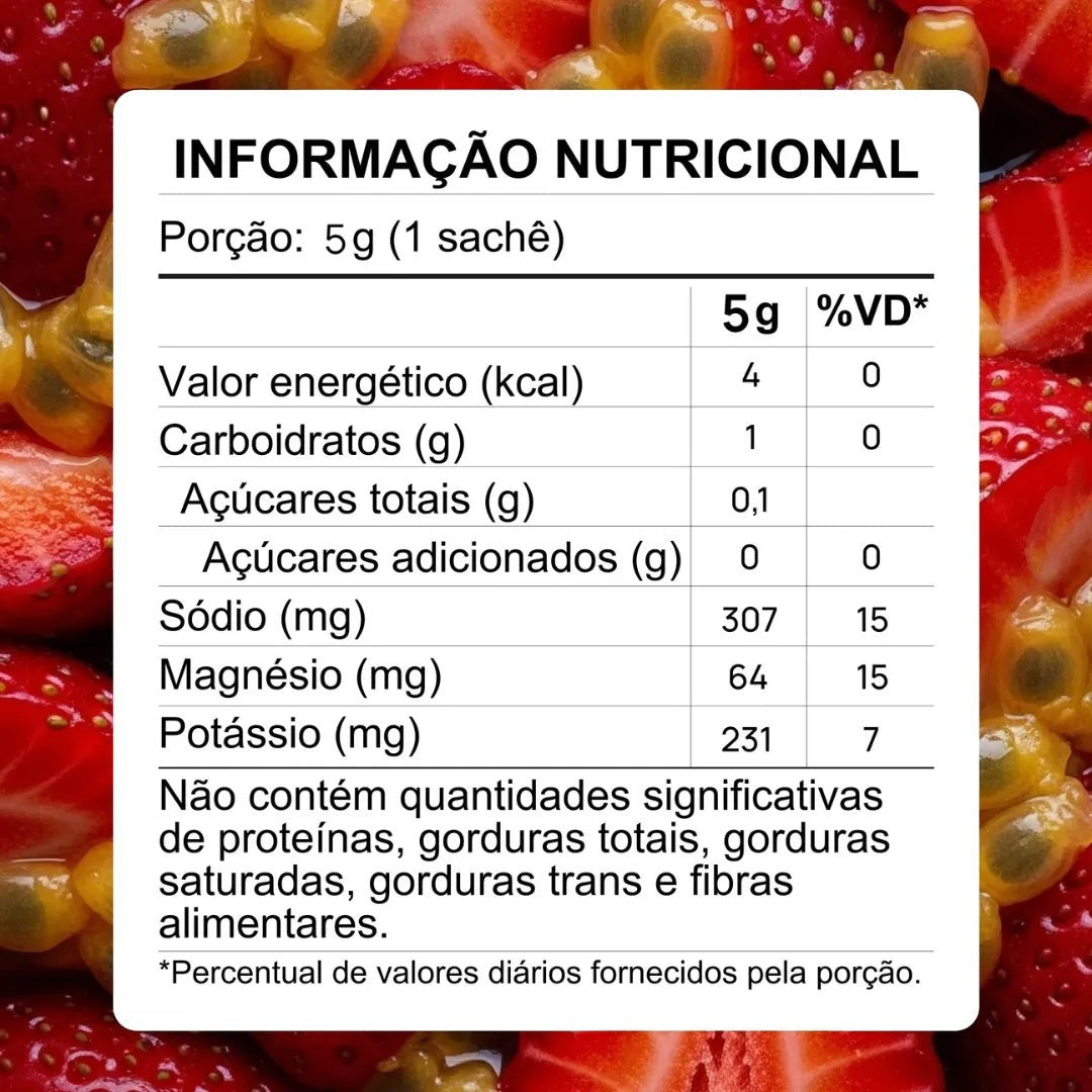Tabela nutricional de sachê LIQUIDZ Eletrólitos em Pó 5g sabor maracujá com morango, com destaque para sódio, magnésio e potássio.