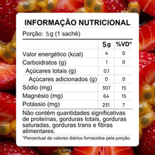 Tabela nutricional de sachê LIQUIDZ Eletrólitos em Pó 5g sabor maracujá com morango, com destaque para sódio, magnésio e potássio.