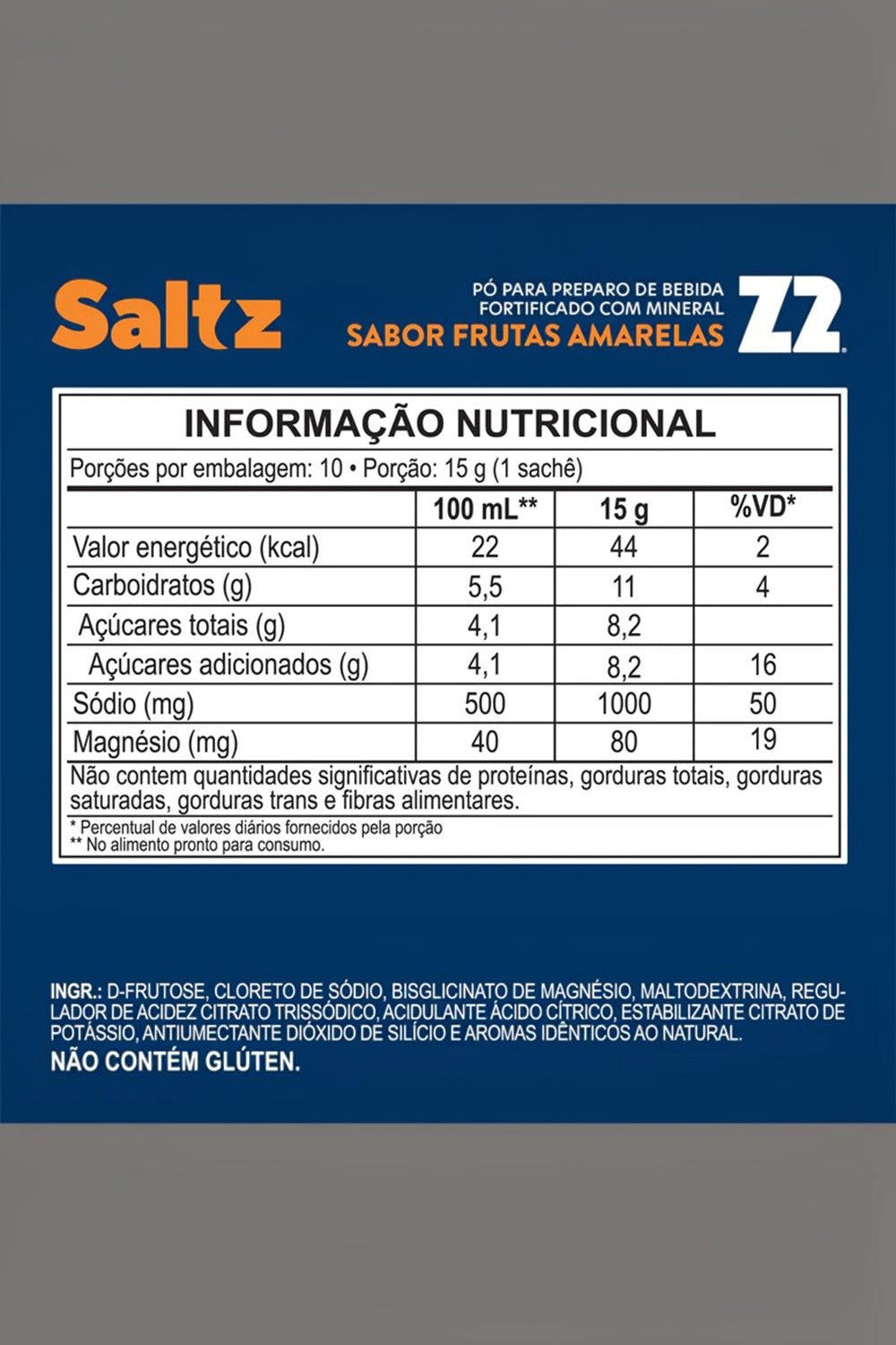 Tabela nutricional do sachê Saltz 1000 Z2 sabor frutas amarelas da SPORTBR com informações de eletrólitos