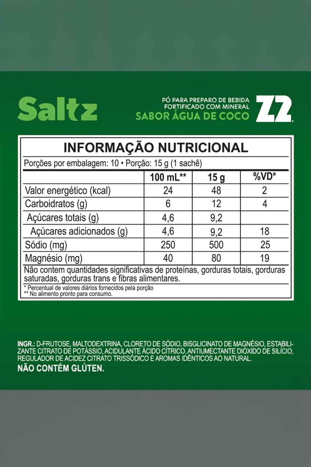 Tabela nutricional do sachê SPORTBR Saltz 500 Z2 sabor água de coco, destacando sódio e magnésio para hidratação.