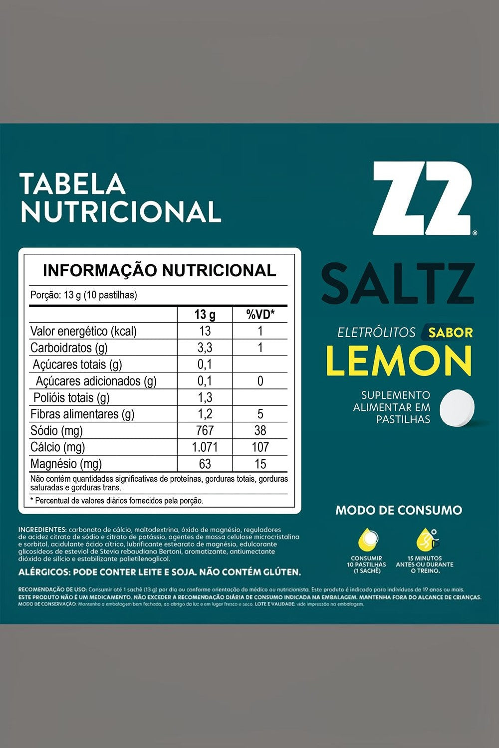Embalagem do suplemento SPORTBR Saltz Z2 sabor Lemon com tabela nutricional e informações de consumo