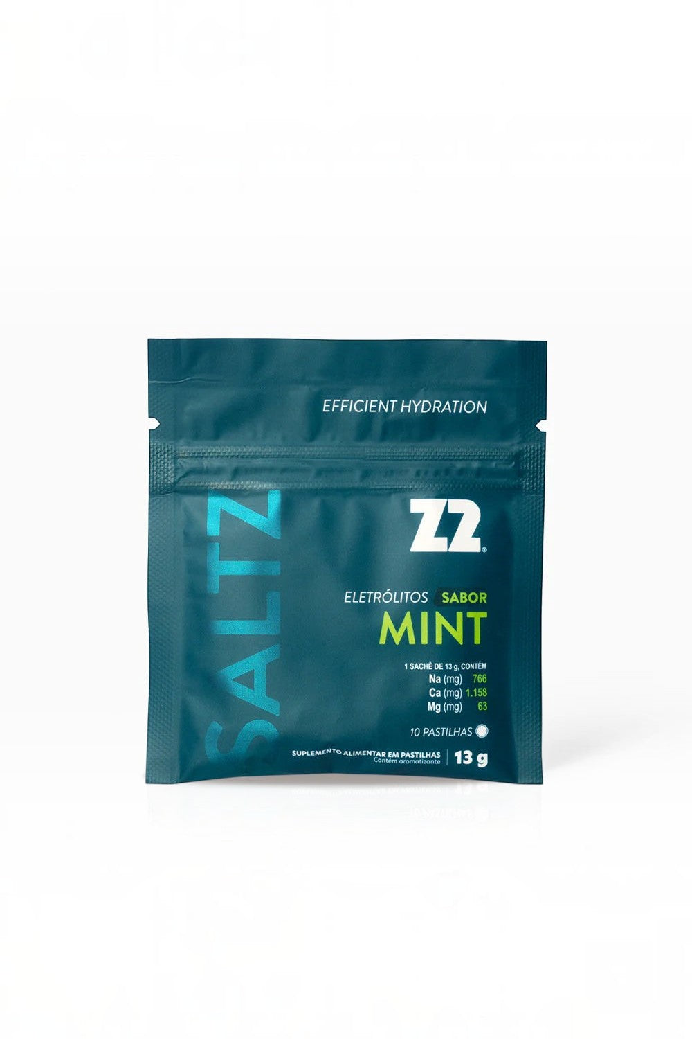 Sachê de pastilhas de eletrólitos SPORTBR Saltz Z2 sabor Mint, suplemento esportivo para reposição mineral.