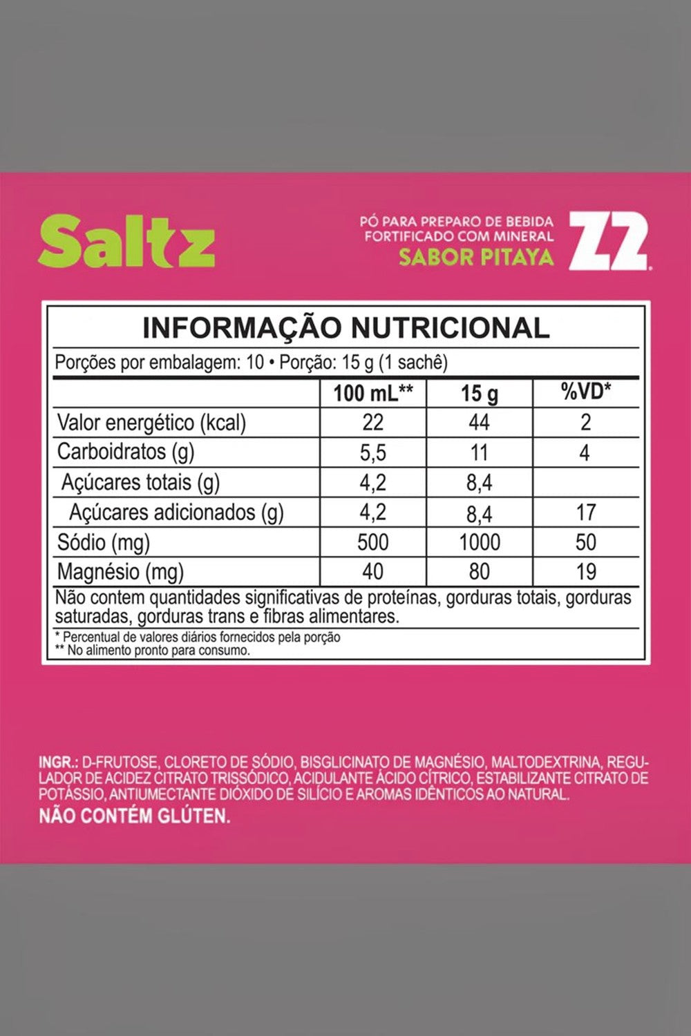 Tabela nutricional do sachê SPORTBR Saltz 1000 Z2 sabor pitaya com informações de eletrólitos e ingredientes