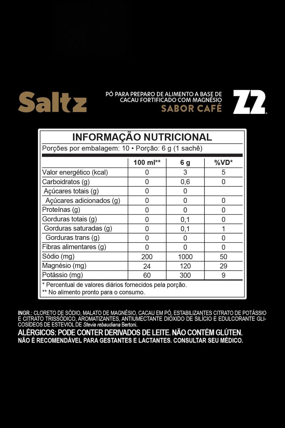 Tabela nutricional do sachê SPORTBR Saltz Z2 sabor café com 1000mg de sódio e magnésio em fundo preto.