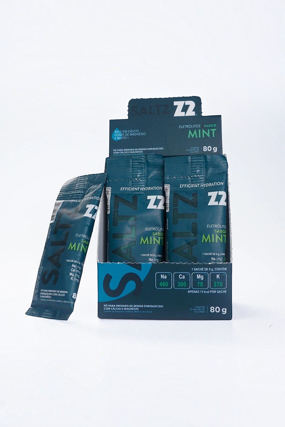 Caixa com 10 sachês de eletrólitos SPORTBR Saltz Z2 sabor Mint para reposição mineral e hidratação esportiva