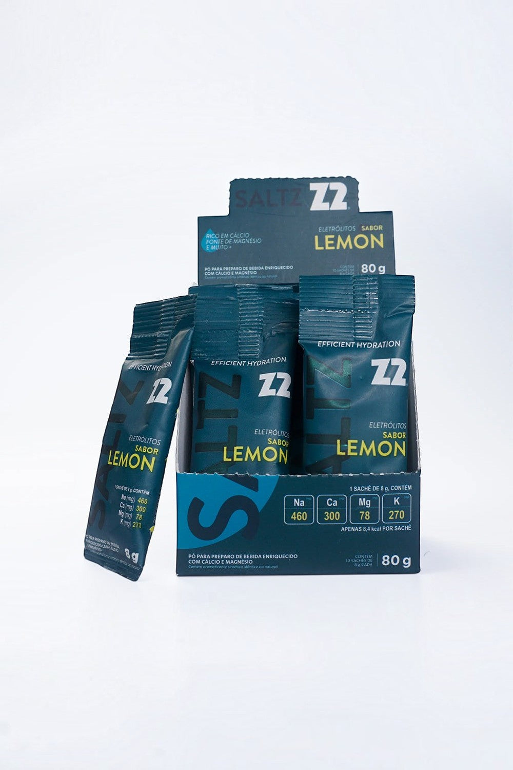 Caixa com 10 sachês de eletrólitos SPORTBR Saltz Z2 sabor Lemon para hidratação esportiva e reposição de minerais