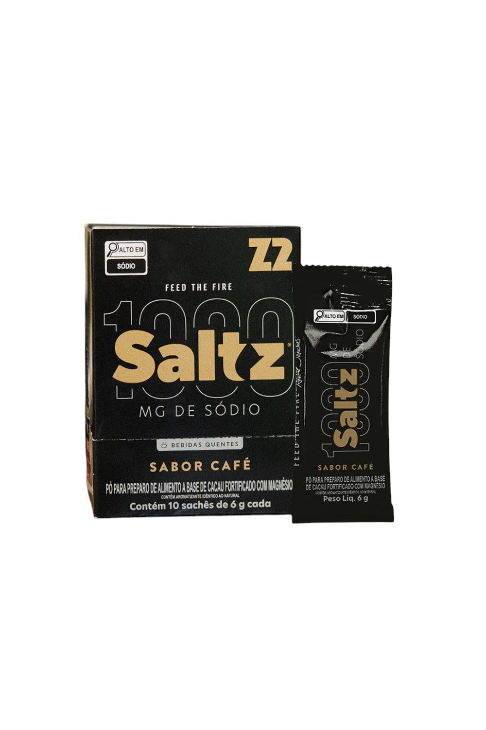 Caixa e sachê de eletrólitos SPORTBR Saltz 1000 Z2 sabor café para hidratação esportiva com 1000mg de sódio.