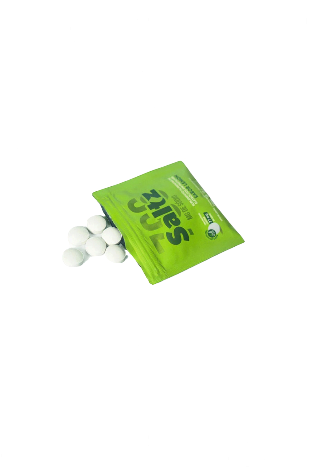 Sachê de pastilhas de eletrólitos Sportbr Saltz sabor limão, embalagem verde com pastilhas brancas para reposição