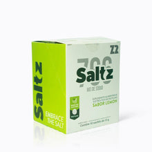 Caixa de suplemento alimentar Saltz Pastilha Z2 sabor Lemon, com 10 sachês de 13g, baixo em açúcares e rico em eletrólitos.