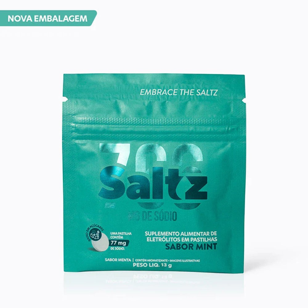 Embalagem de suplemento alimentar Saltz Pastilha Z2 sabor Mint, com 10 sachês de 13g cada, da SPORTBR.