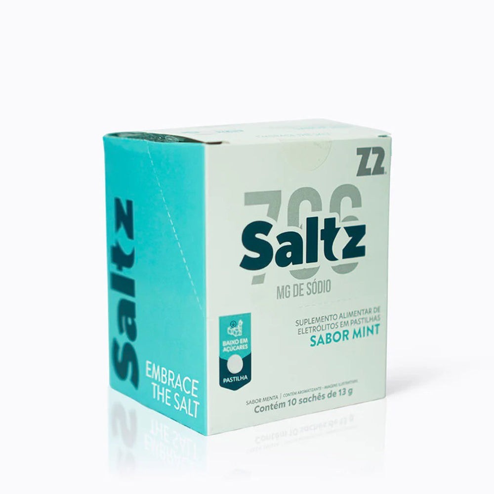 Caixa de suplemento alimentar Saltz Pastilha Z2 Sabor Mint com 10 sachês de 13g, baixo em açúcares e rico em eletrólitos.