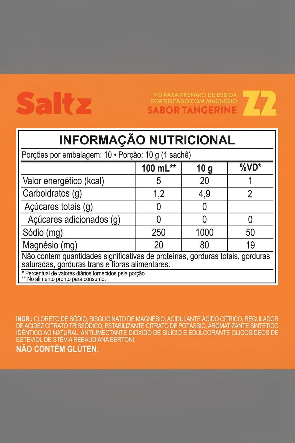 Tabela nutricional do suplemento Saltz 1000 Z2 sabor tangerina da SPORTBR, destacando eletrólitos e zero açúcar.