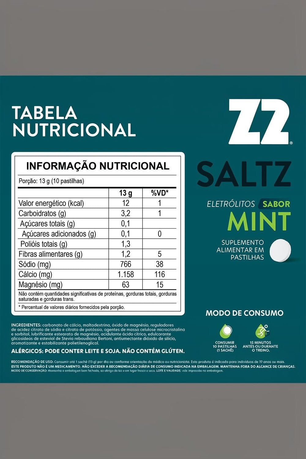 Tabela nutricional do suplemento SPORTBR Saltz Z2 em pastilhas sabor mint com informações de eletrólitos