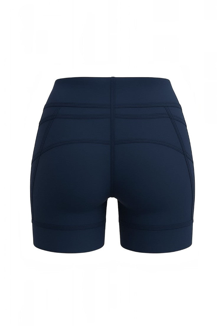 Shorts de compressão feminino SPORTBR azul marinho com bolsos traseiros, vista traseira, tecido técnico de alta performance.