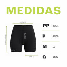 SPORTBR shorts de compressão feminina pretos para corrida com 6 bolsos e tabela de medidas.
