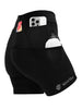 Shorts de compressão feminino SPORTBR preto com 6 bolsos para corrida, com celular, cartão e garrafa d'água nos bolsos.