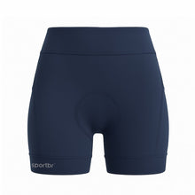 Shorts de compressão feminino SPORTBR azul marinho com 6 bolsos para corrida e treino. Tecido técnico com proteção UV.