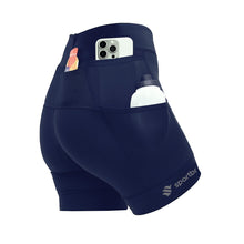 Shorts de compressão feminino SPORTBR azul marinho com 6 bolsos, ideal para corrida e treino.