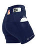 Shorts de compressão feminino SPORTBR azul marinho com 6 bolsos, ideal para corrida e treino.