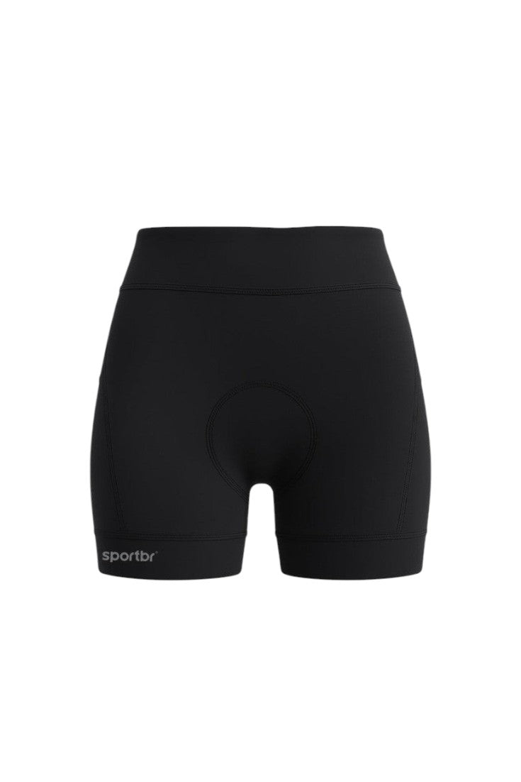 Shorts de compressão feminino preto SPORTBR com modelagem curta, cós alto e bolsos laterais para corrida.