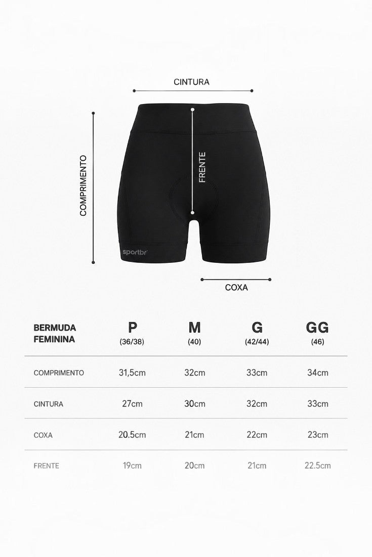 Tabela de medidas do shorts de compressão feminino SPORTBR azul marinho com indicação de comprimento, cintura e coxa.