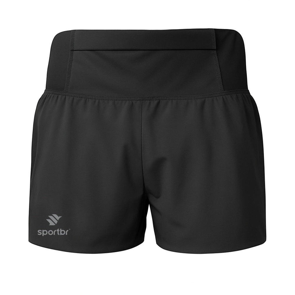 Shorts de corrida feminino SPORTBR preto, leve e soltinho, com 4 bolsos e calcinha interna.