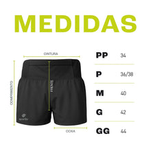 Shorts preto feminino SPORTBR RUN FREE para corrida, com tecido ultraleve, modelagem soltinha e 4 bolsos. Tabela de medidas.