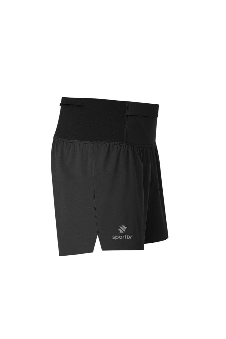 Shorts de corrida feminino SPORTBR preto, modelo soltinho com cós alto e bolsos, vista lateral.