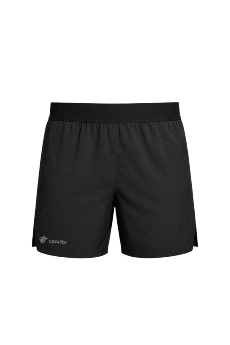 Shorts de corrida masculino SPORTBR preto, modelo soltinho com tecido leve, respirável e cueca interna integrada.