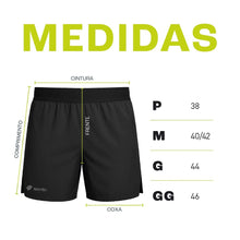 Shorts preto masculino SPORTBR RUN FREE, soltinho, com bolsos, ideal para corrida. Tabela de medidas.