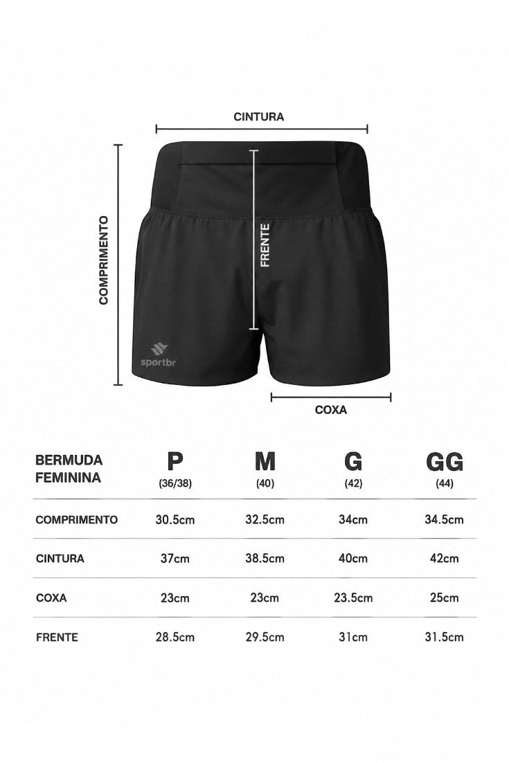 Tabela de medidas do shorts de corrida feminino preto SPORTBR com indicação de comprimento, cintura e coxa.