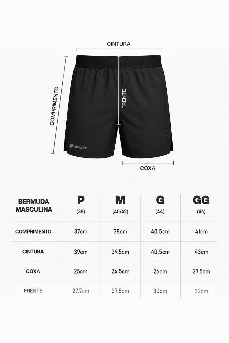 Tabela de medidas do shorts de corrida masculino preto SPORTBR com indicação de comprimento, cintura e coxa.