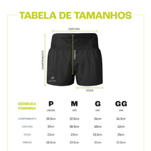 Shorts preto feminino SPORTBR, modelo RUN FREE, com cós largo e detalhes de medidas na imagem.