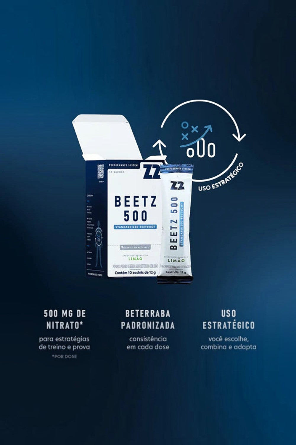 Caixa e sachê de suplemento SPORTBR Beetz 500 com nitrato de beterraba e limão para performance esportiva
