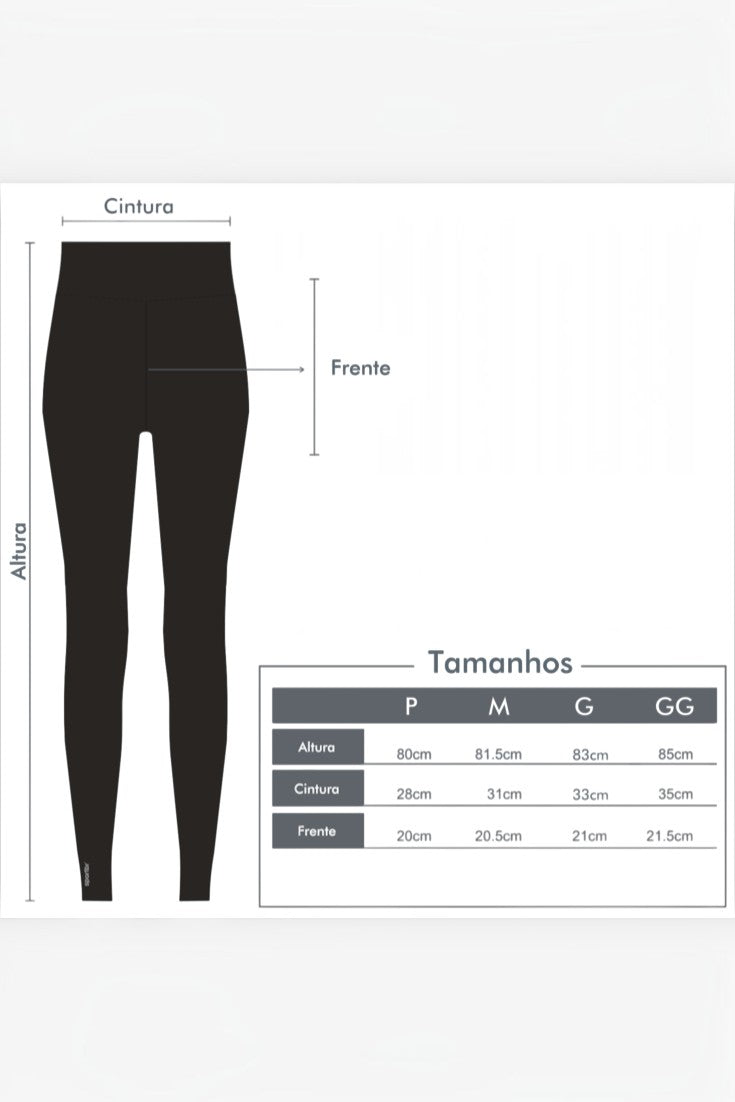Tabela de medidas da calça de compressão feminina preta SPORTBR com indicação de altura, cintura e frente.