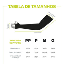 SPORTBR Tabela de tamanhos para manguito de inverno com luva, mostrando medidas de comprimento, largura da mão e circunferência do braço.