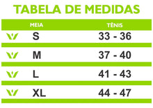 Tabela de medidas da meia Swiftwick FLITE XT Sem Cano, com tamanhos S (33-36), M (37-40), L (41-43) e XL (44-47).
