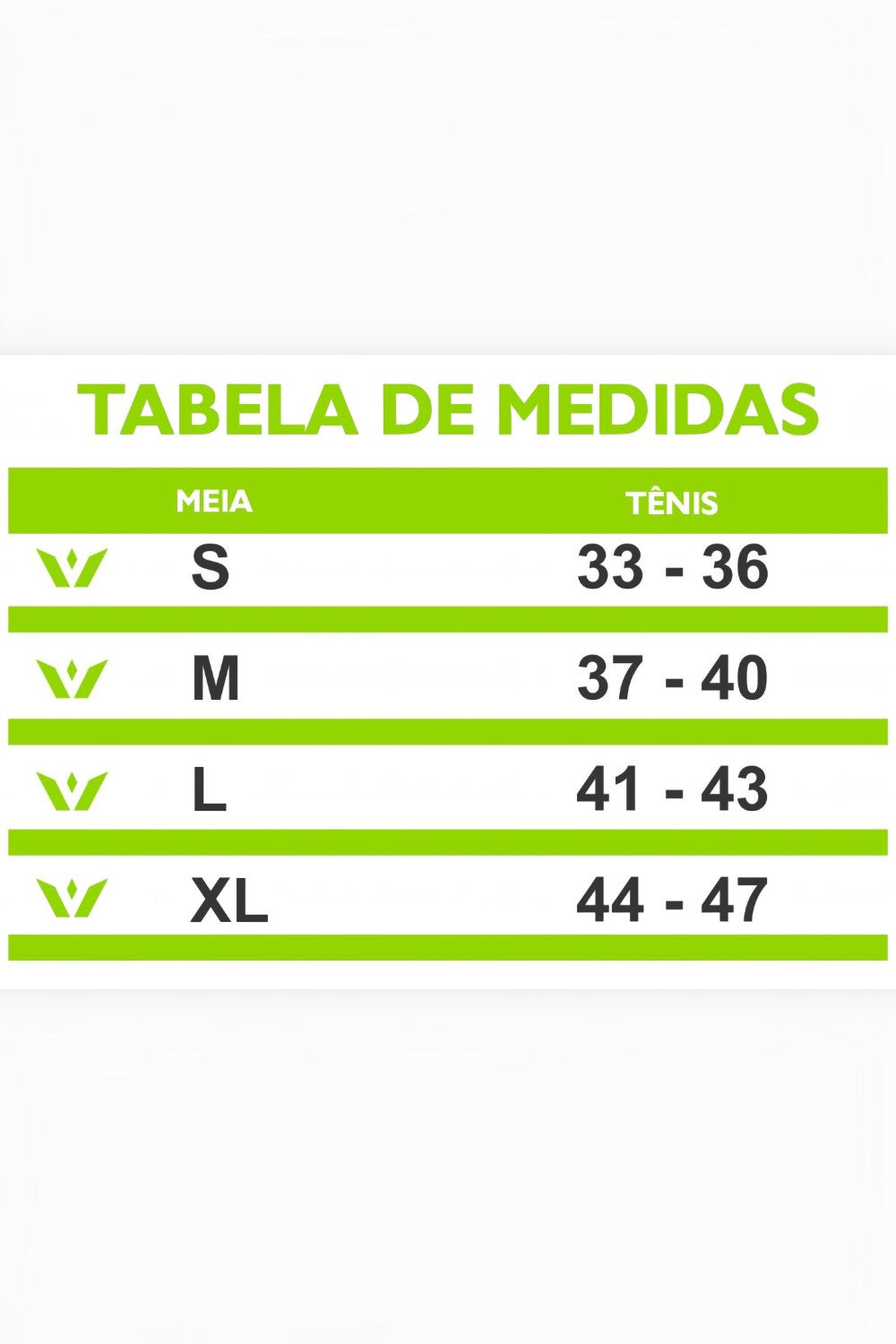 Tabela de medidas da marca SPORTBR para meias Swiftwick, mostrando tamanhos S, M, L e XL correspondentes aos tênis.