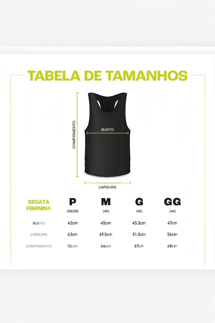 Tabela de medidas da regata feminina esportiva preta Julia Sette Pace da SPORTBR com tamanhos P, M, G e GG