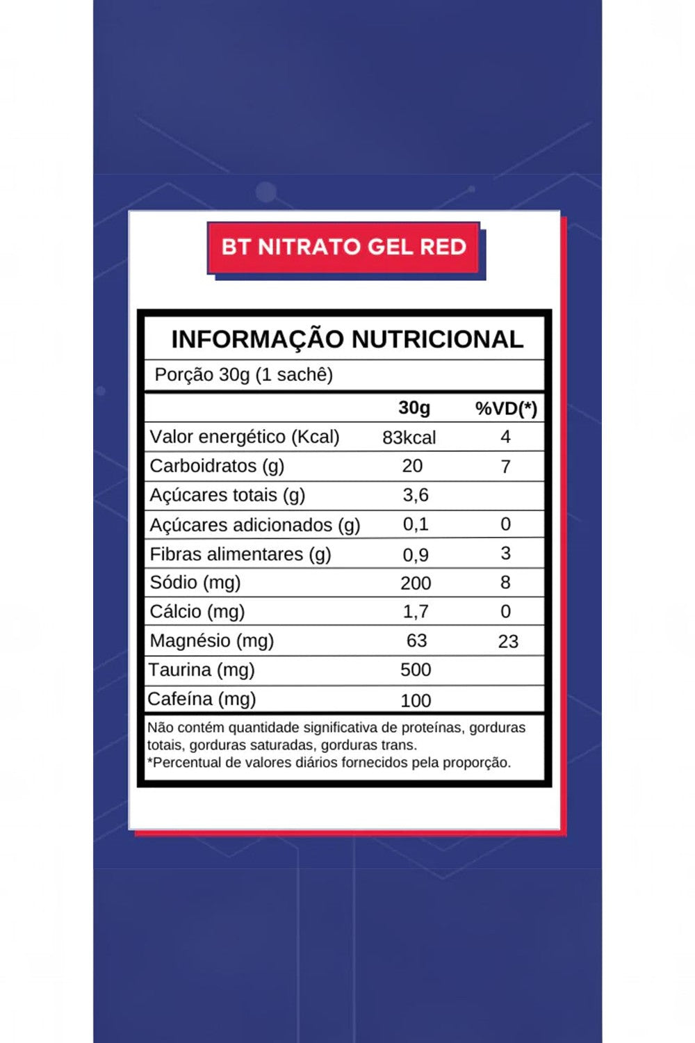 Tabela nutricional do gel de carboidrato BT Nitrato Gel Redberry da SPORTBR com detalhes de nutrientes por sachê.