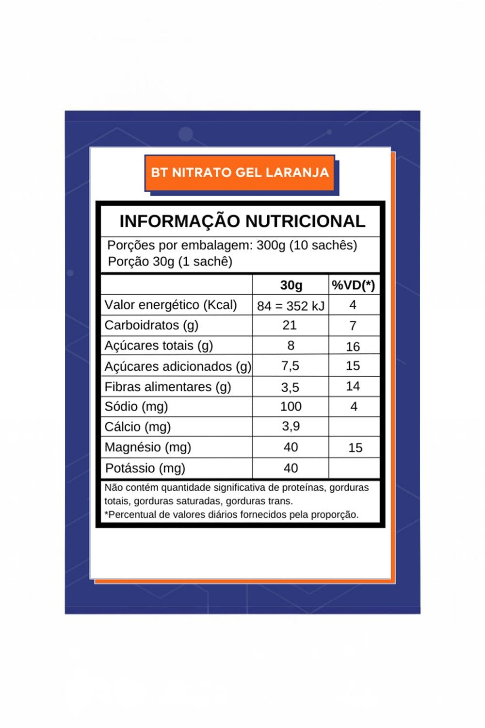 Tabela de informação nutricional do gel de carboidrato BT Nitrato Gel SPORTBR sabor laranja com morango